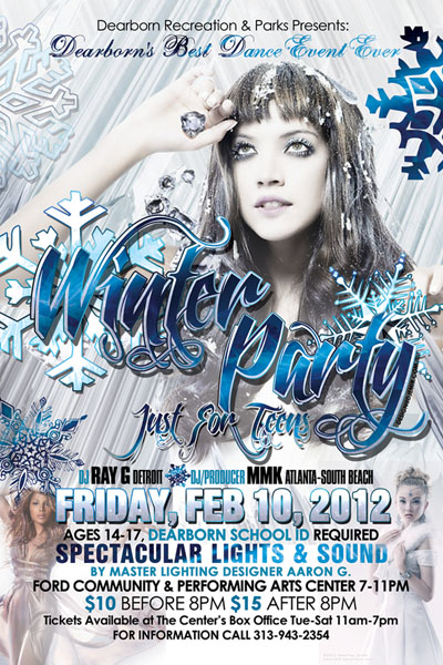 Dearborn Ford Community Center Teen Winter Party Flyer Design Front