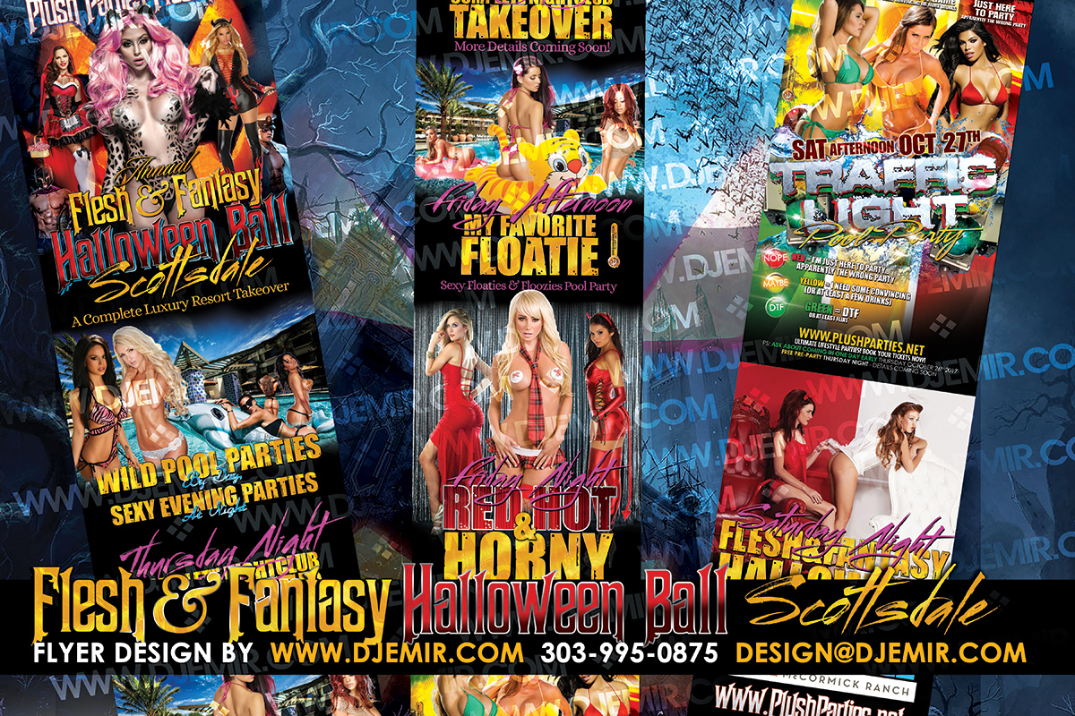 Flesh And Fantasy Halloween Ball and Halloween Weekend Hotel Takeover Nightclub Parties and Pool Parties Flyer Design.