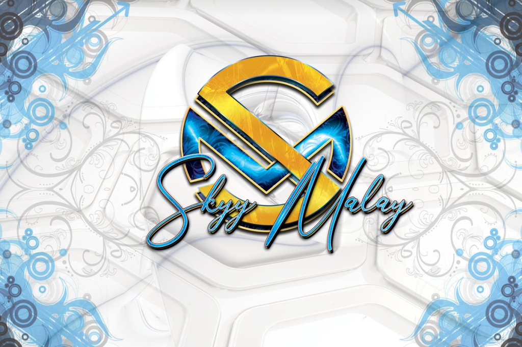 Skyy Malay Logo Design SM Insignia in Gold and Blue with Opal or Turquise Blue lettering and White and Blue Background